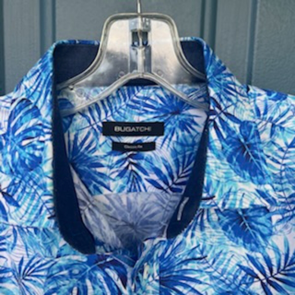BUGATCHI CLASSIC FIT BUTTON FLIP CUFF BLUE PALM LEAVES SHIRT LARGE - Picture 5 of 16